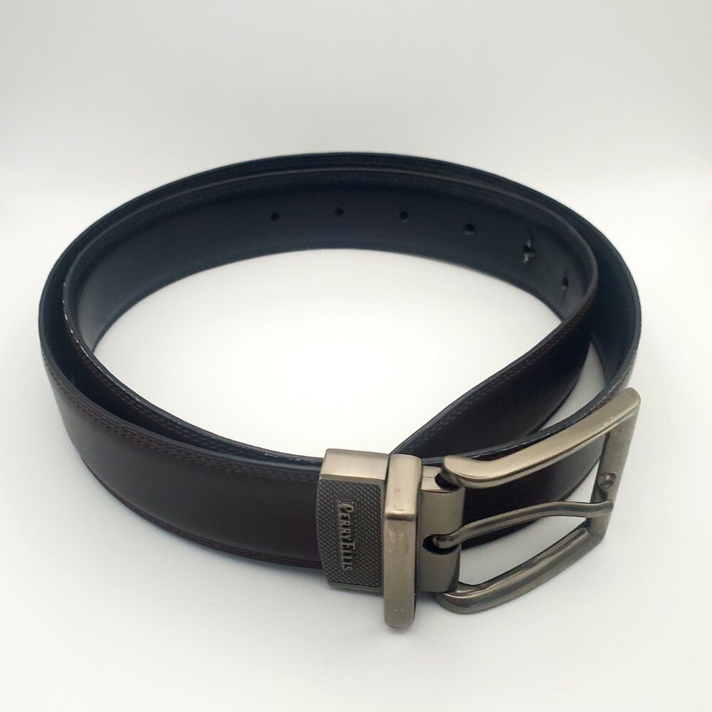 Perry Ellis Men's Reversible Belt Brown & Black Sides Matte Gun Metal Buckle